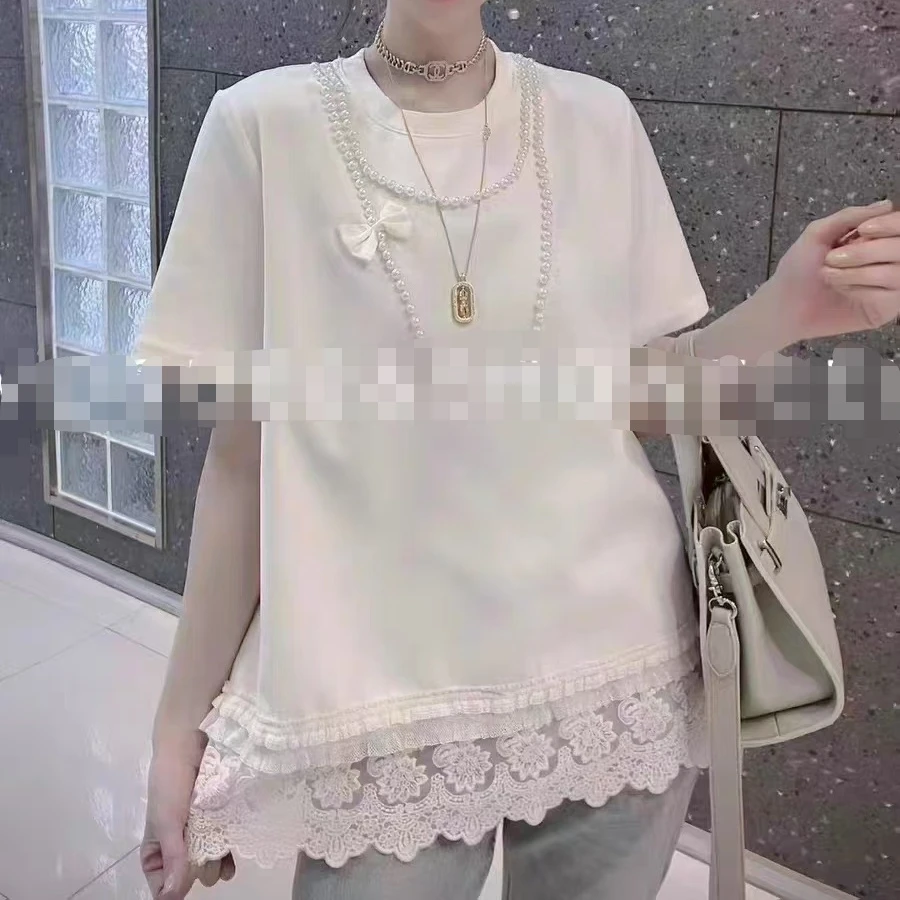 2025夏季新款时尚百搭蝴蝶结项链花边半袖大码棉T上衣宽松显瘦