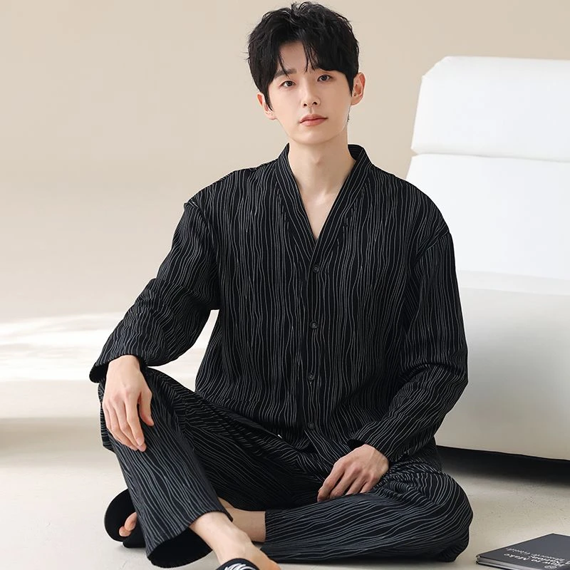 2025春秋季新款睡衣男士长袖长裤翻领宽松舒适大码可外穿家居服男