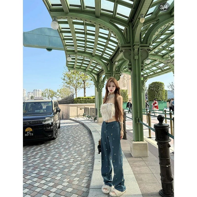 2025早春新款纯欲甜美挂脖抹胸毛绒上衣复古牛仔裤阔腿裤子两件套