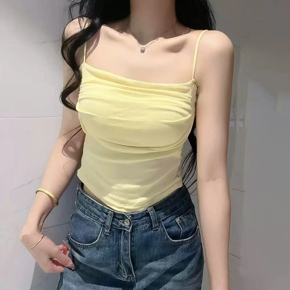 新款辣妹设计感褶皱吊带背心女外穿内搭美背带胸垫一体打底上衣夏