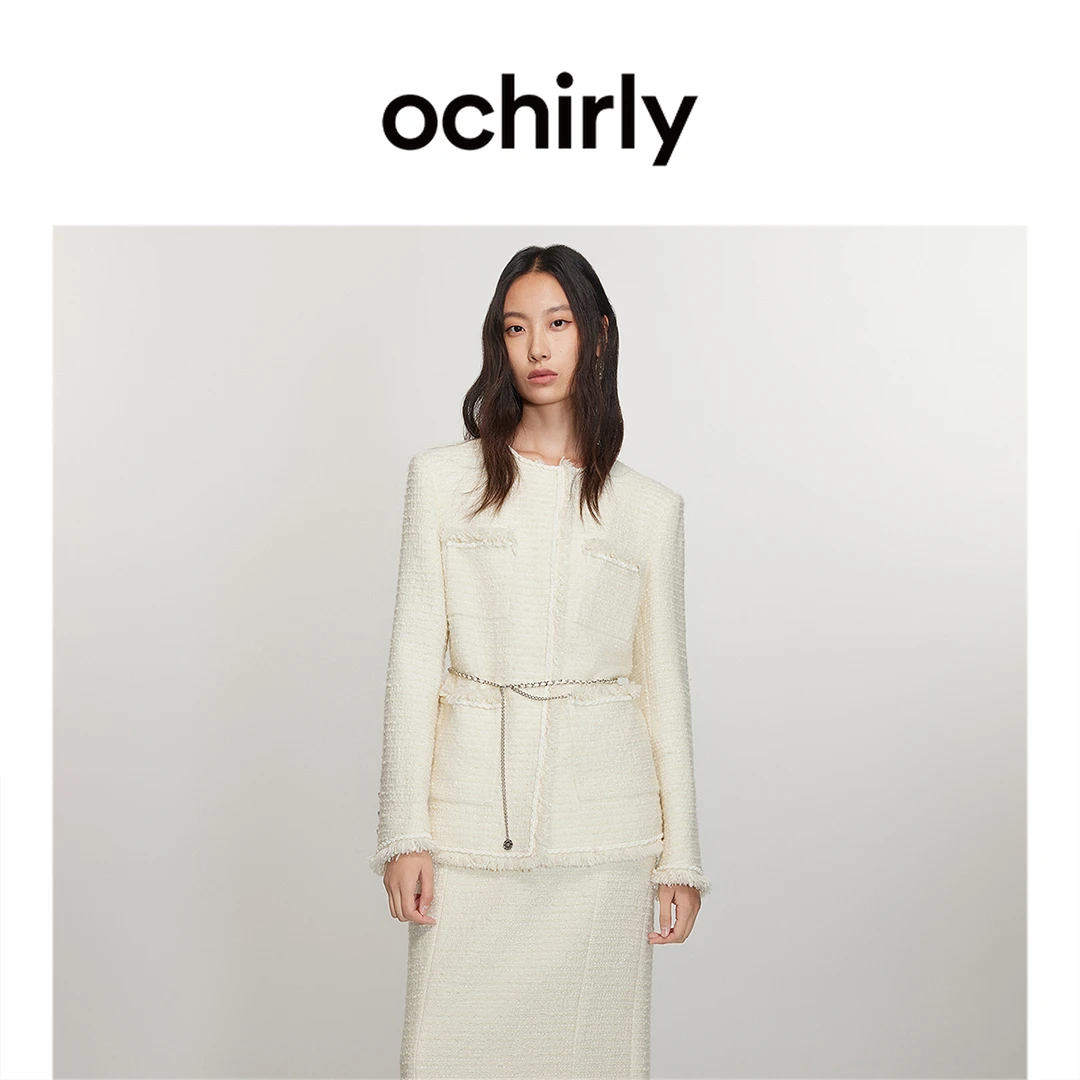 ochirly欧时力 澳羊毛小香风外套女新款早春珠片法式中长款