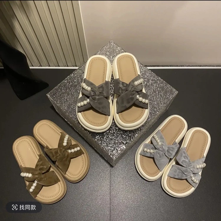 新款厚底增高4CM豹纹珍珠交叉凉拖鞋女时尚百搭外穿防滑一字拖