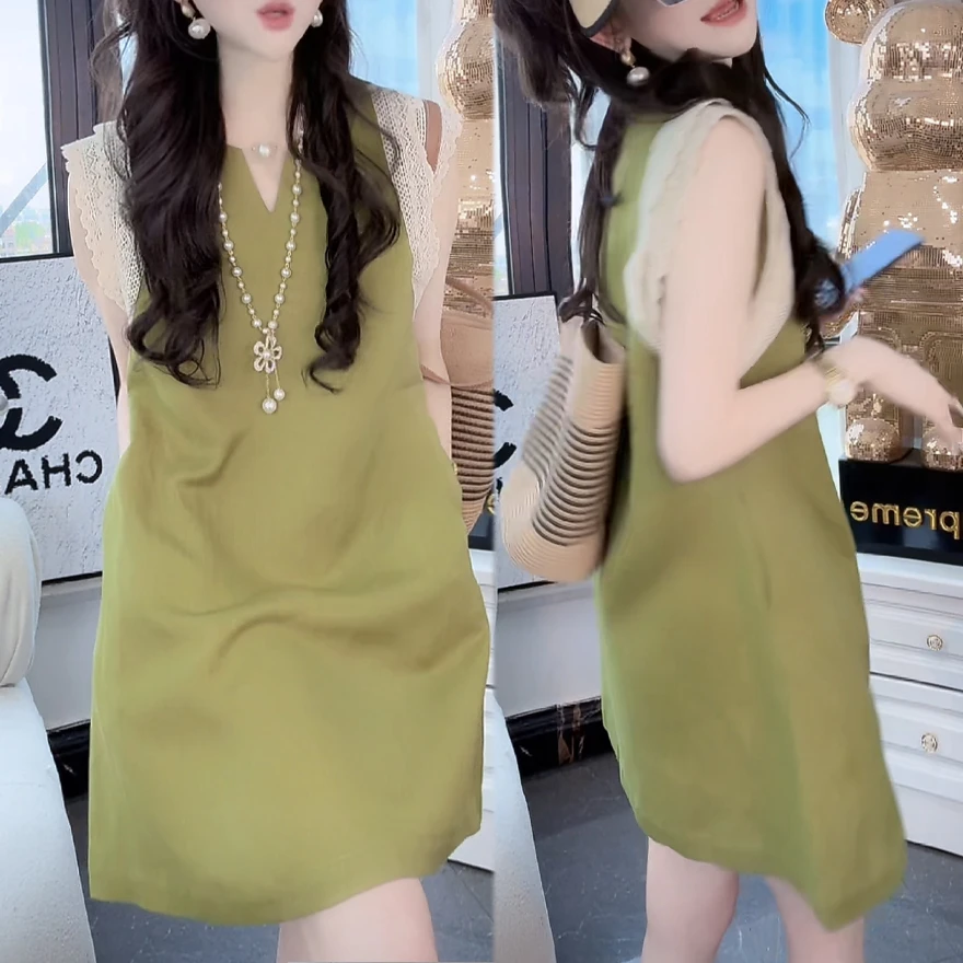 2025夏季新款蕾丝拼接中长款连衣裙女士时尚百搭设计感显瘦裙子