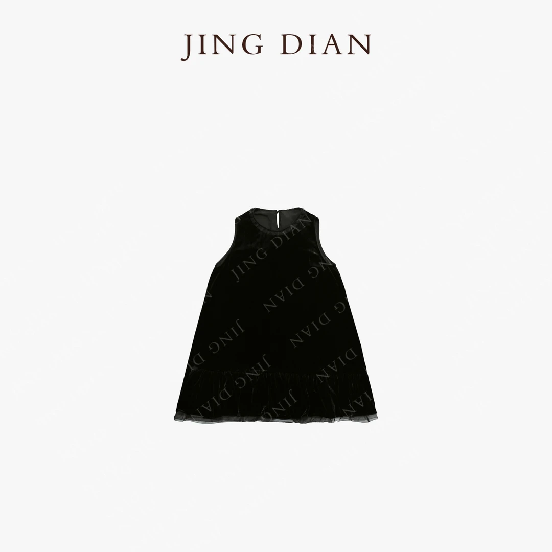 【JING DIAN】黑色长款高定款真丝丝绒无袖圆领背心连衣裙