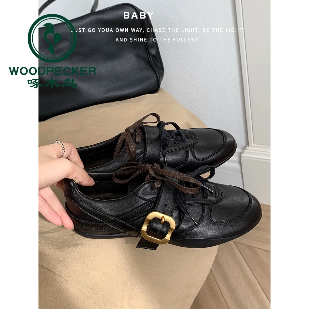 啄木鸟复古风皮带扣德训鞋女软底系带休闲秋季运动芭蕾舞小皮鞋女