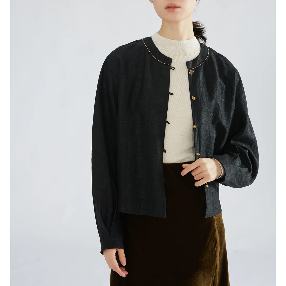 100%桑蚕丝香云纱龟裂纹夹克开衫女宽松显瘦真丝圆领外套YSDW053