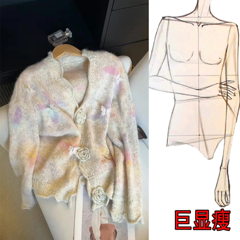 韩系ins甜美文艺风蝴蝶毛衣女装秋季新款设计感花朵针织开衫上衣