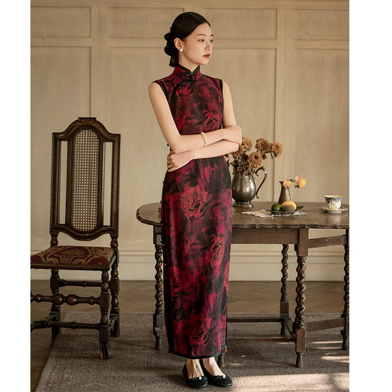 勾丝-【玫华香韵】良辰媄锦桑蚕丝香云纱全开襟长款旗袍衣长约135CM