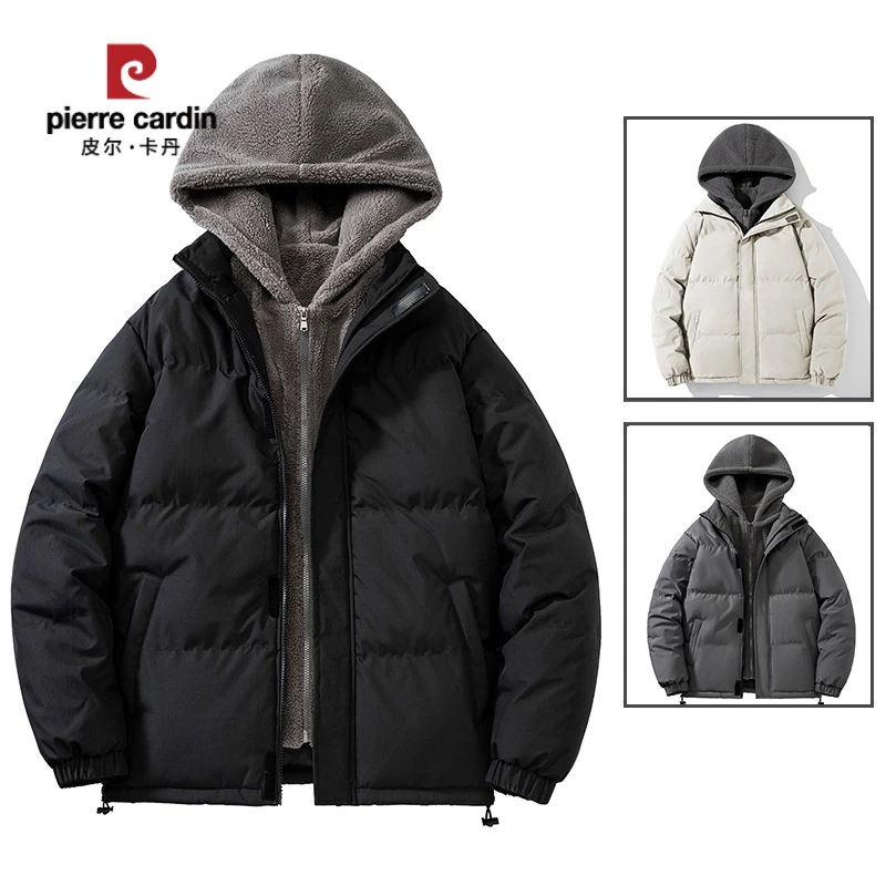 皮尔卡丹跨境大码假两件棉服男士冬季宽松休闲加厚摇粒绒棉袄连帽