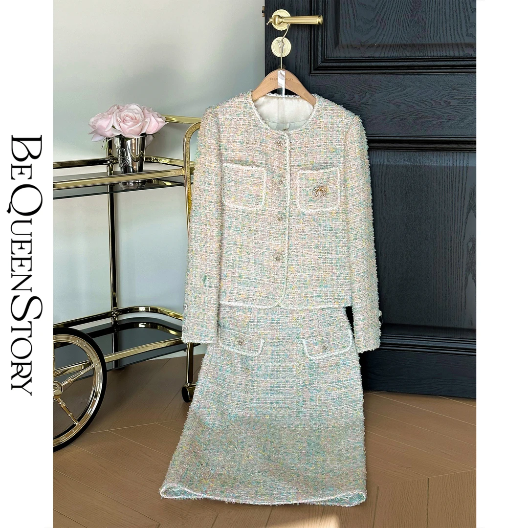 余潇潇【白日舒曼】粉绿纱线粗花呢手工钻扣气质小香风套