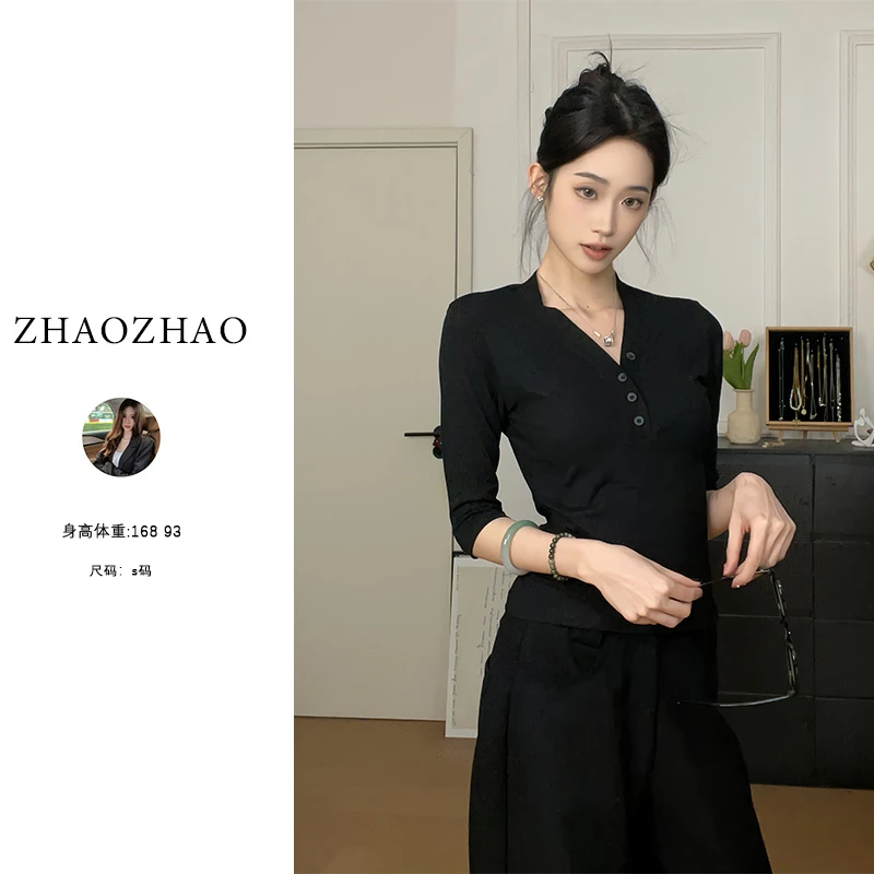 春季气质显瘦修身中袖显瘦带黑色辣妹上衣