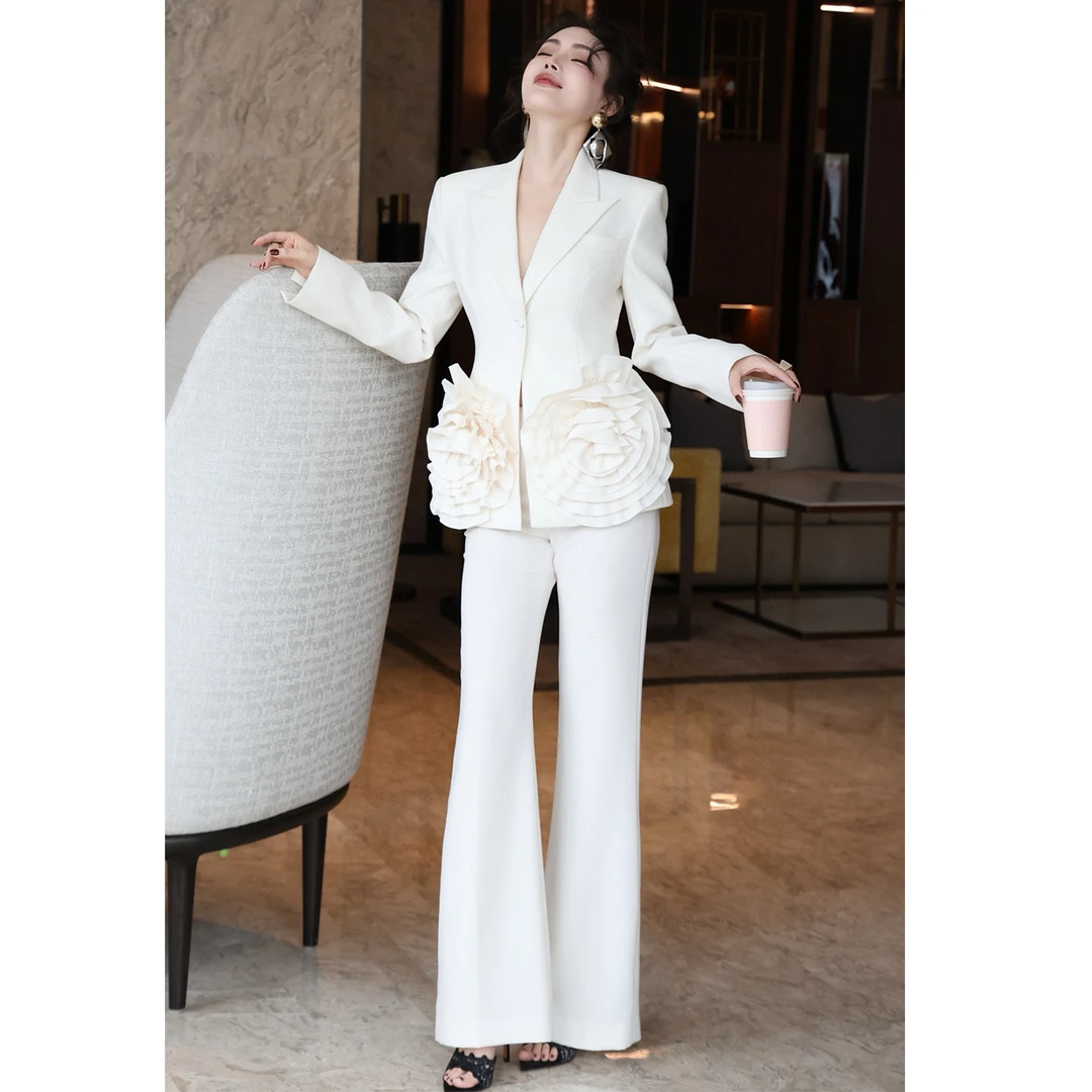 高端设计感时尚白色美业工作服套装女春秋西装长裤通勤职业两件套