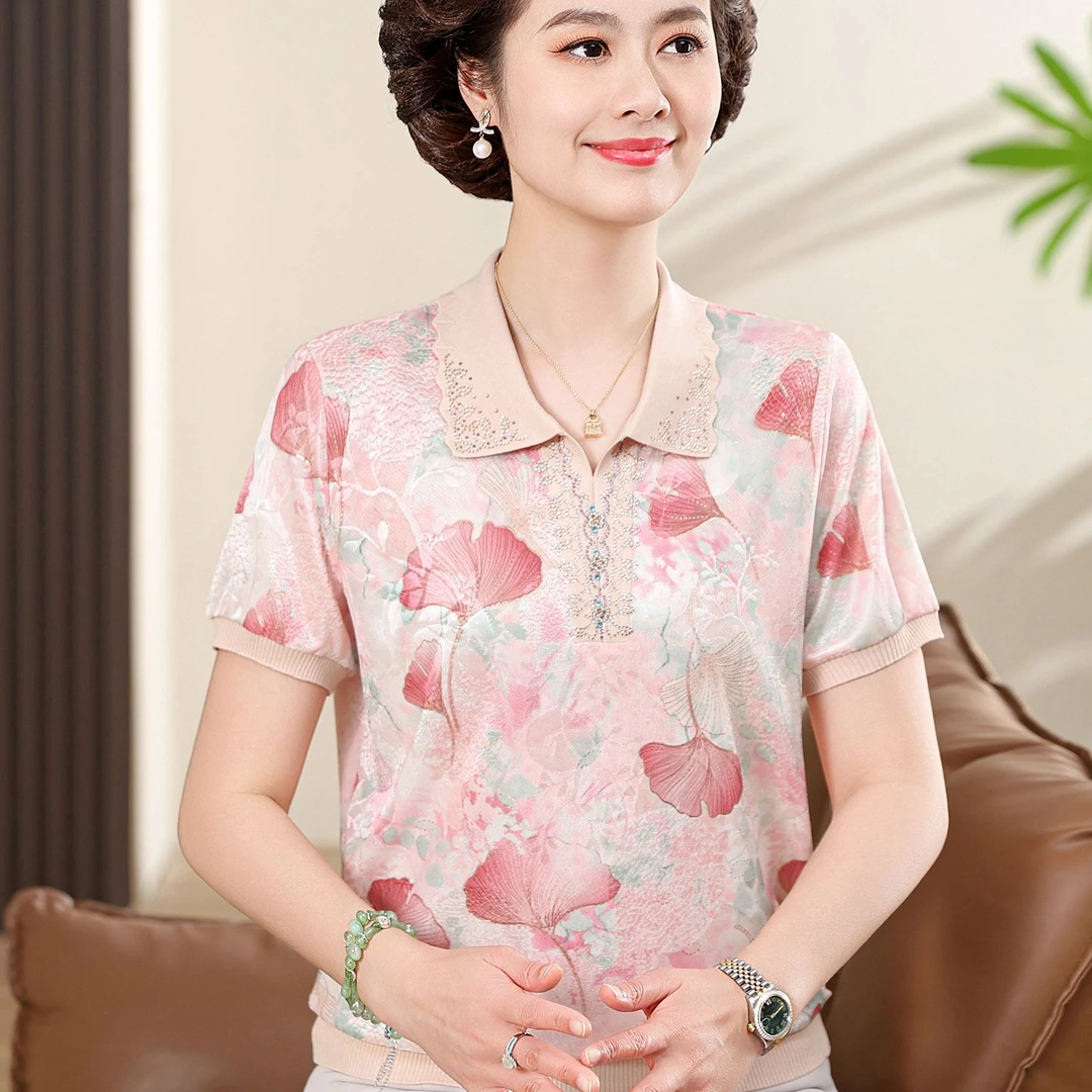 妈妈夏装冰丝翻领T恤大码50岁中老年女宽松短袖薄款上衣洋气女装