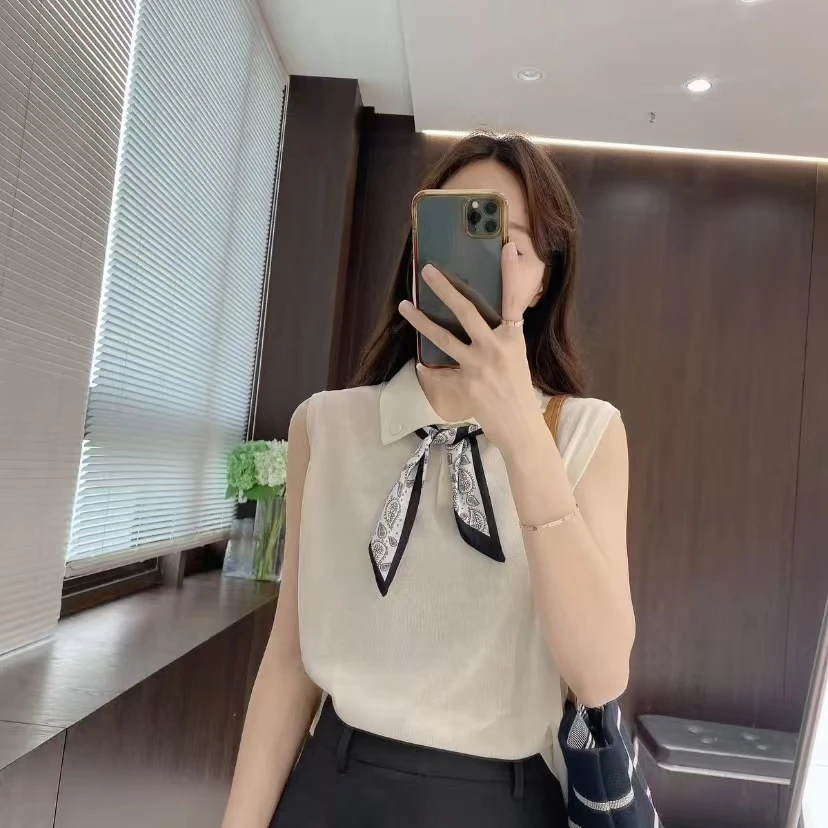 时尚百搭polo领配丝巾无袖背心女2025夏季新款超好看宽松显瘦上衣