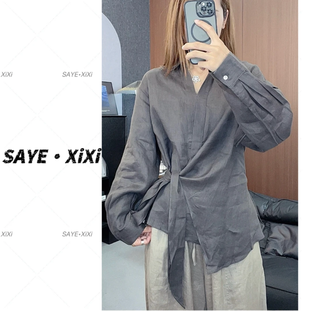 2025早秋不规则设计感极简亚麻长袖衬衫