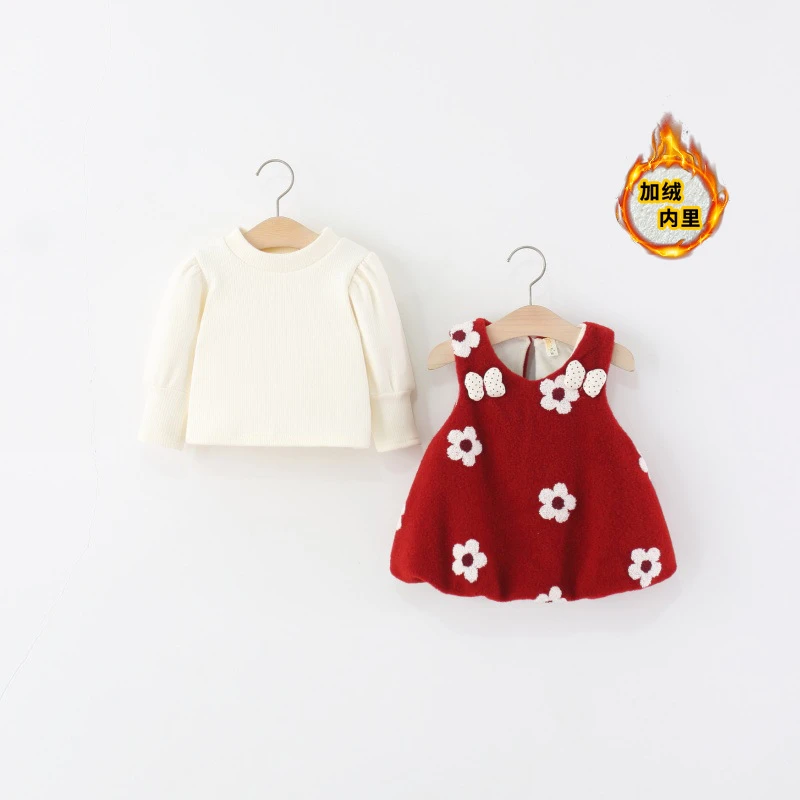 童装女童裙套装冬季儿童宝宝长袖t恤+花朵花苞公主裙子两件套加绒