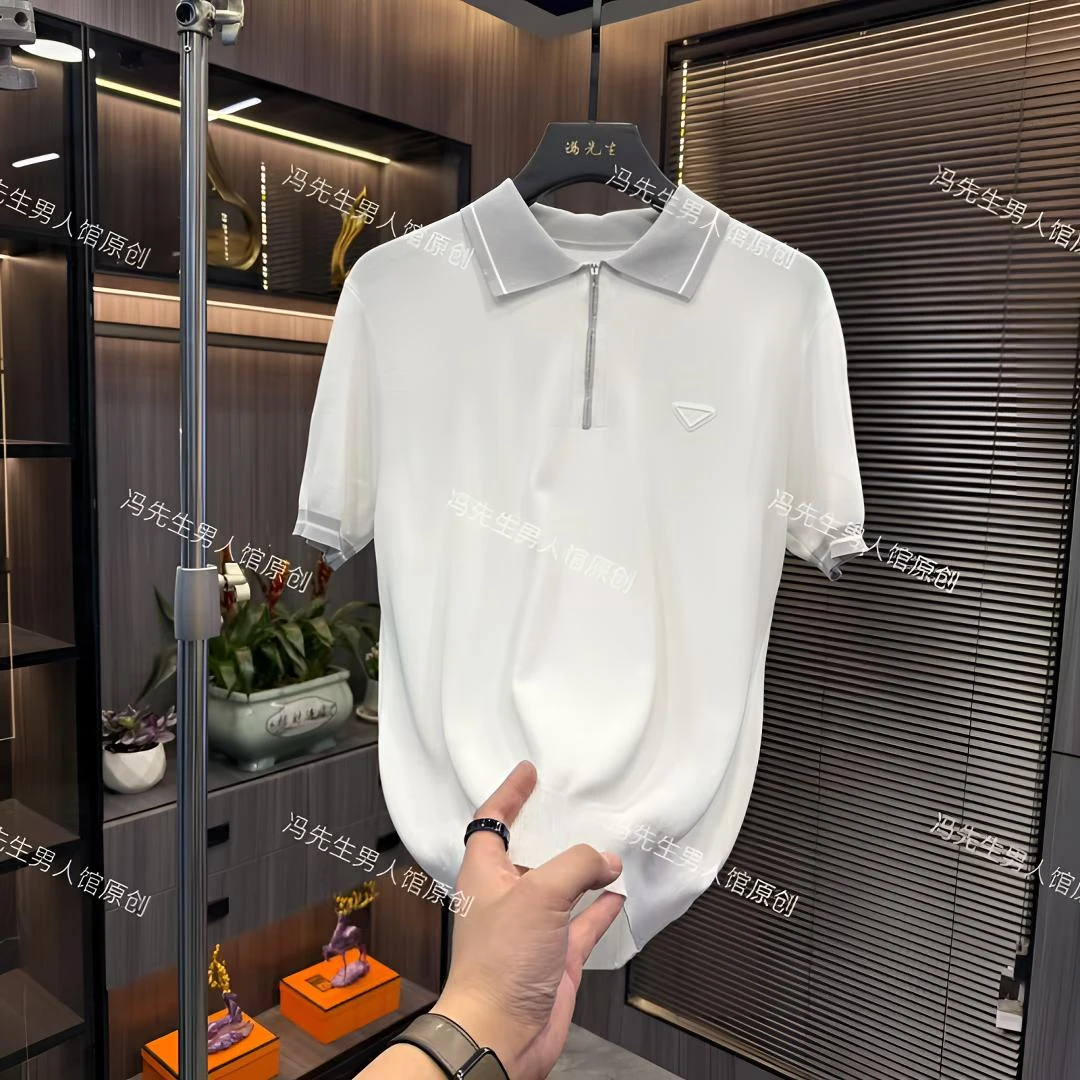 男士拉链短袖Polo衫半袖纯色白色翻领冰丝欧美简约夏季上衣简约