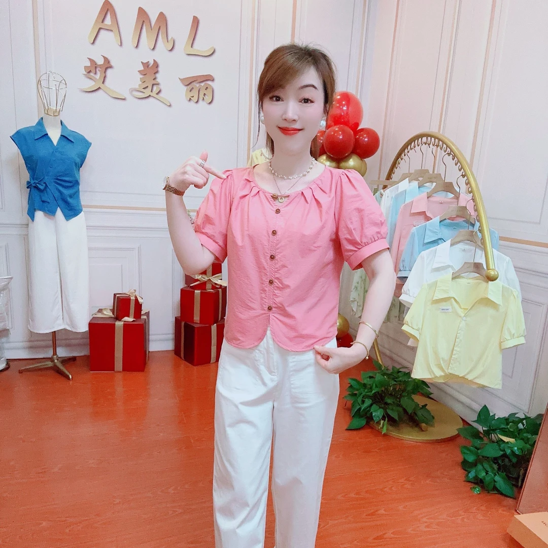 AML5 圆领甜美时尚简约气质百搭遮肚显瘦夏季短款减龄衬衫女