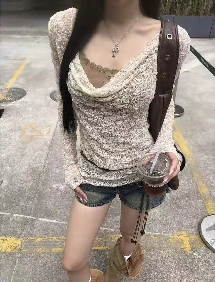 现货！夏上新纯欲小女人荡领拼接假两件蕾丝小衫