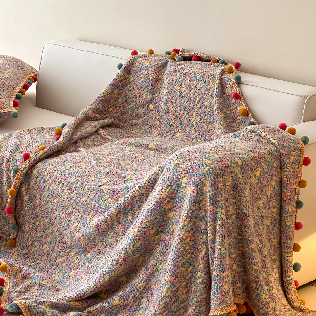 半糖主义彩虹毛球毯多功能印花布床绗缝单人休闲毯空调毯小清新