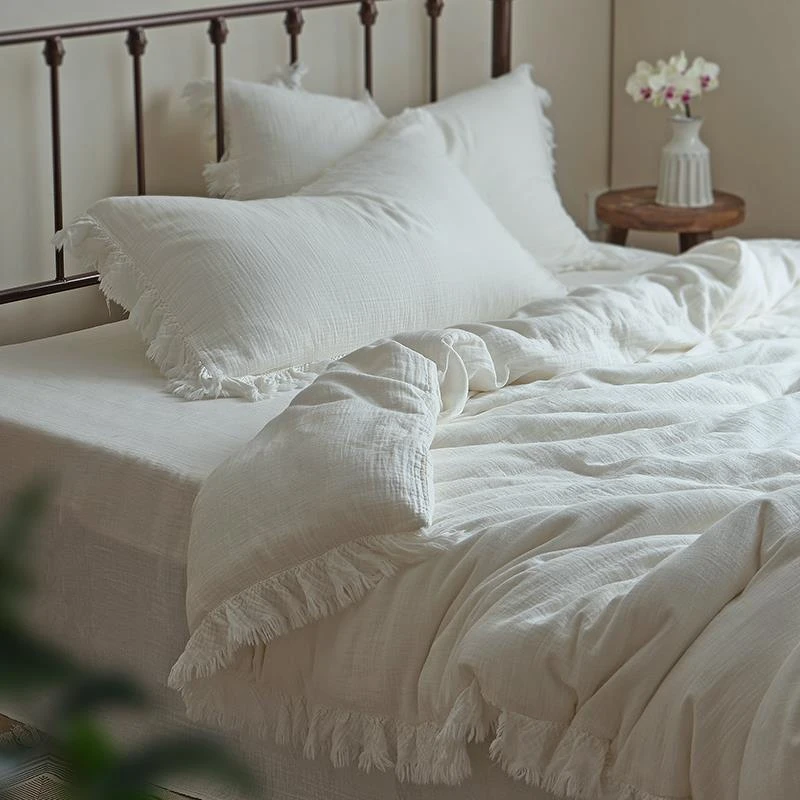 日式简约全棉双层纱四件套纯棉花边被套素色高级白色民宿床单床品