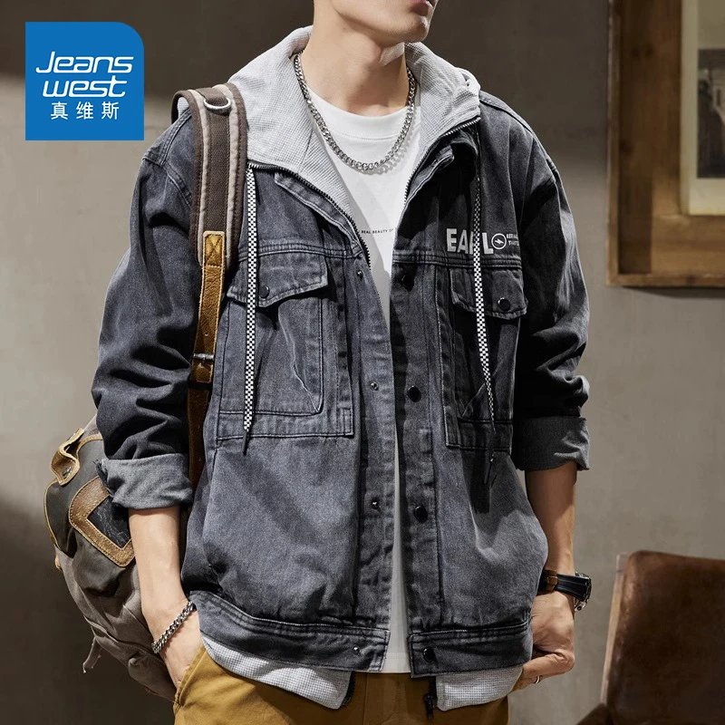Jeanswest/真维斯假两件夹克男士春秋季复古潮牌宽松百搭牛仔外套