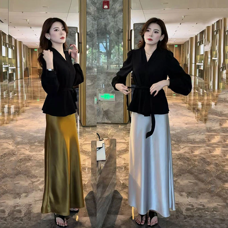 早秋法式优雅气质甜美绑带松紧腰上衣+高腰气质A字半身裙两件套女