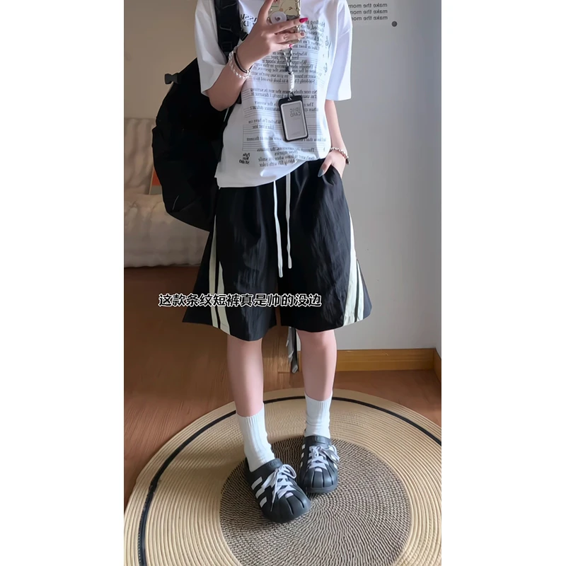 黑色美式裤子粗条纹撞色拼接宽松休闲青少年短裤外穿运动五分中裤
