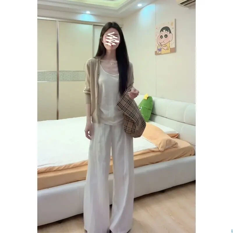 2025秋季新款韩系气质百搭长袖针织开衫修身吊带背心高腰阔腿长裤
