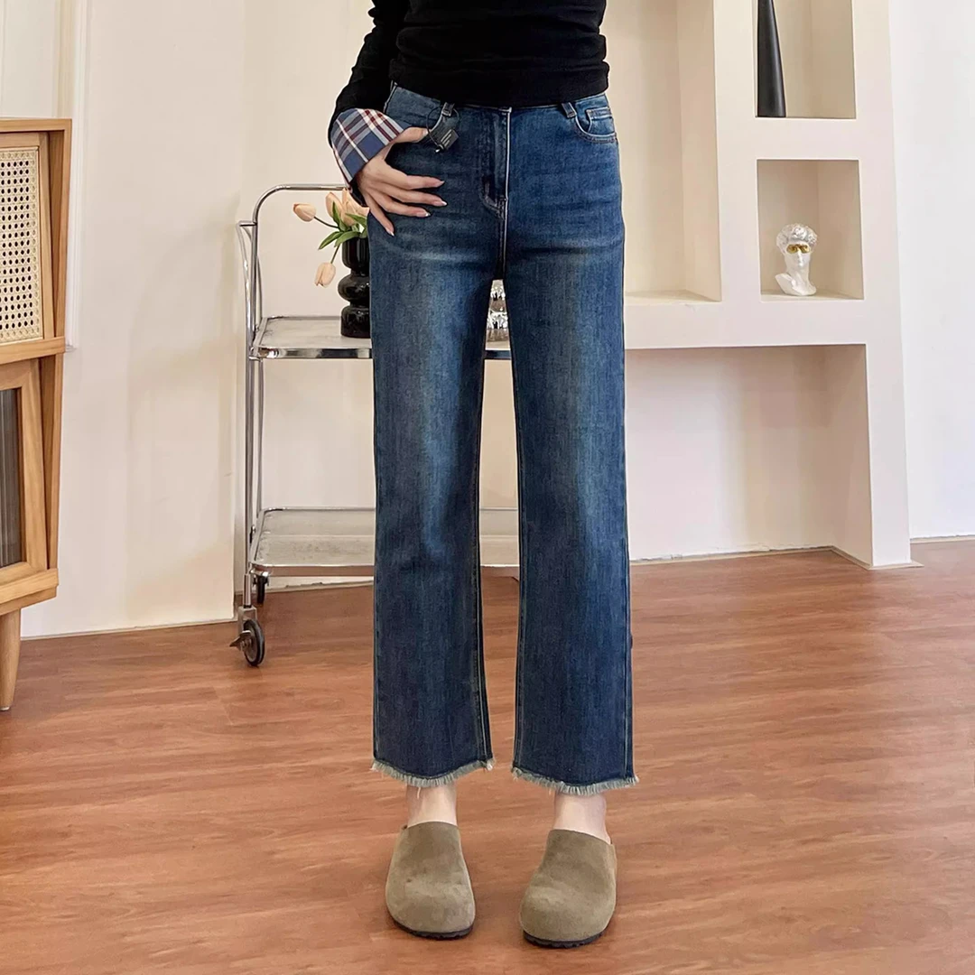 直筒牛仔裤女复古大码胖MM高腰显瘦遮胯流苏弹力法棍裤九分烟管裤