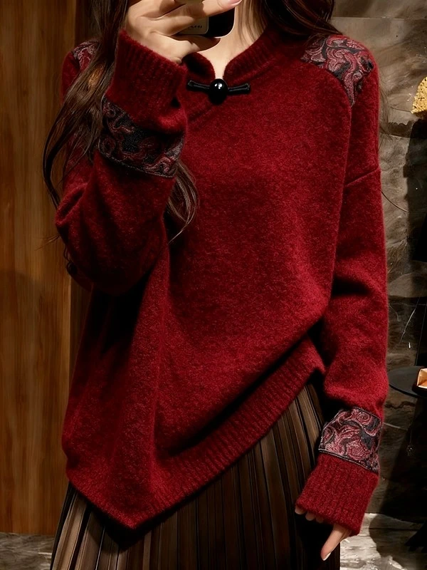 新中式国风盘扣圆领长袖针织衫2025年冬季新款女红色高级感上衣