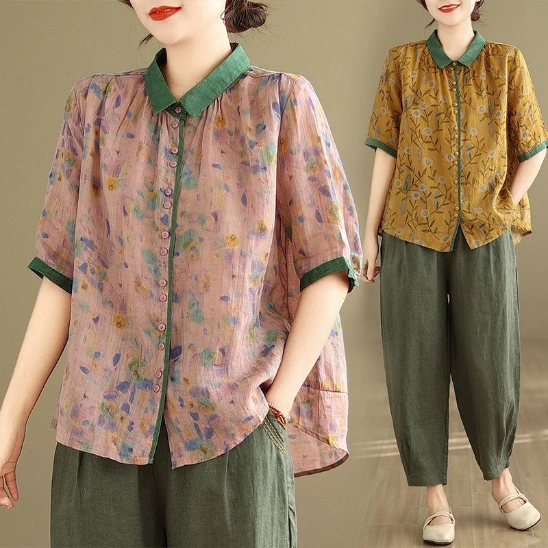 韩版大码显瘦印花文艺复古两套时髦棉麻夏季套装女