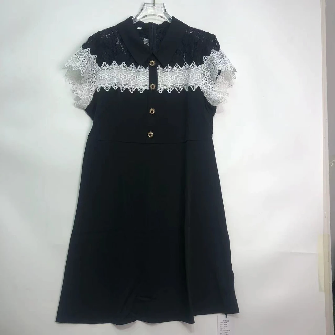 X2100【夏季新款】黑色小香风蕾丝撞色高端气质法式温柔连衣裙