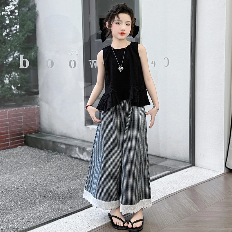 女童夏装套装绣花无袖上衣格子花边阔腿裤儿童宽松韩版休闲大童装