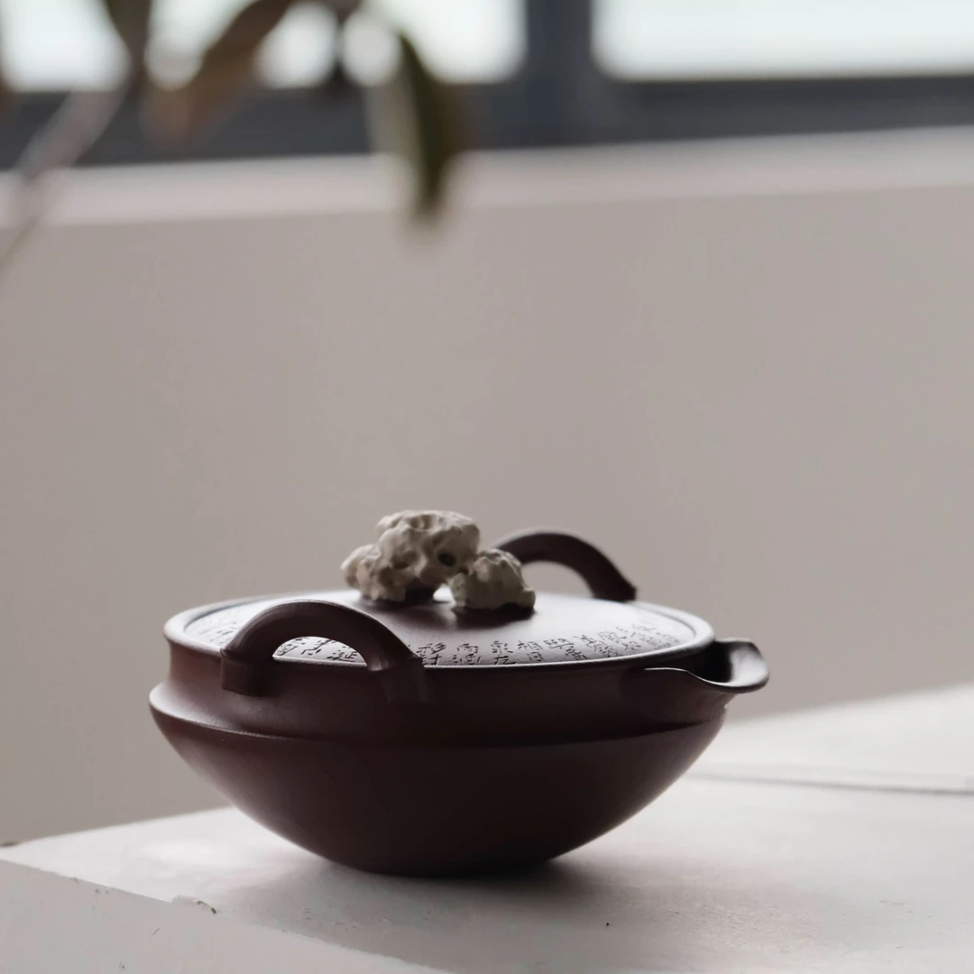《虚怀听泉》宝瓶手抓壶紫泥竹石元素大口盖实用器紫砂壶175cc精美