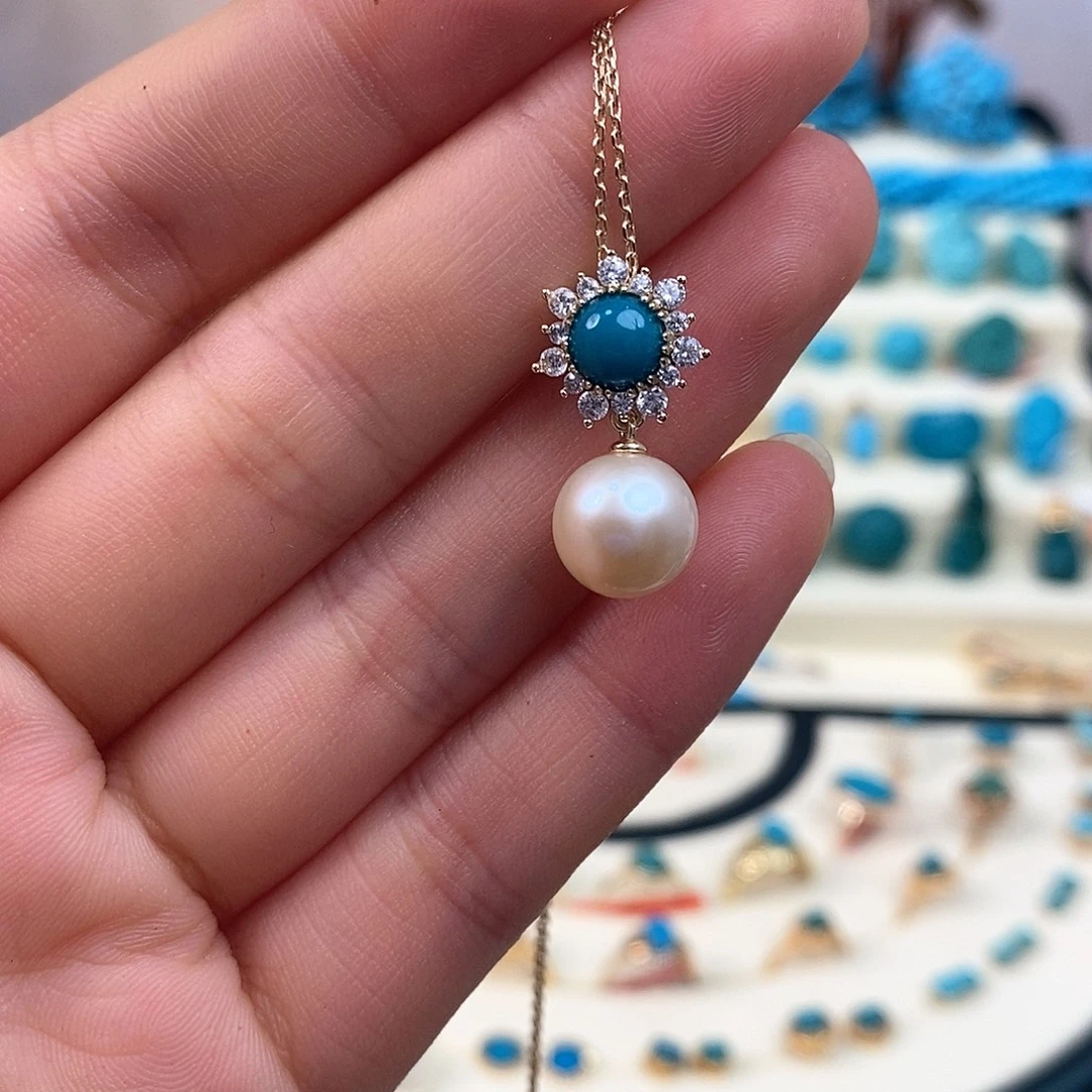 绿松石银S925镀金镶嵌吊坠