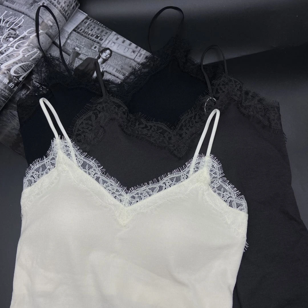 磨毛蕾丝睫毛边白色羊毛吊带背心高弹修身舒适外穿内搭