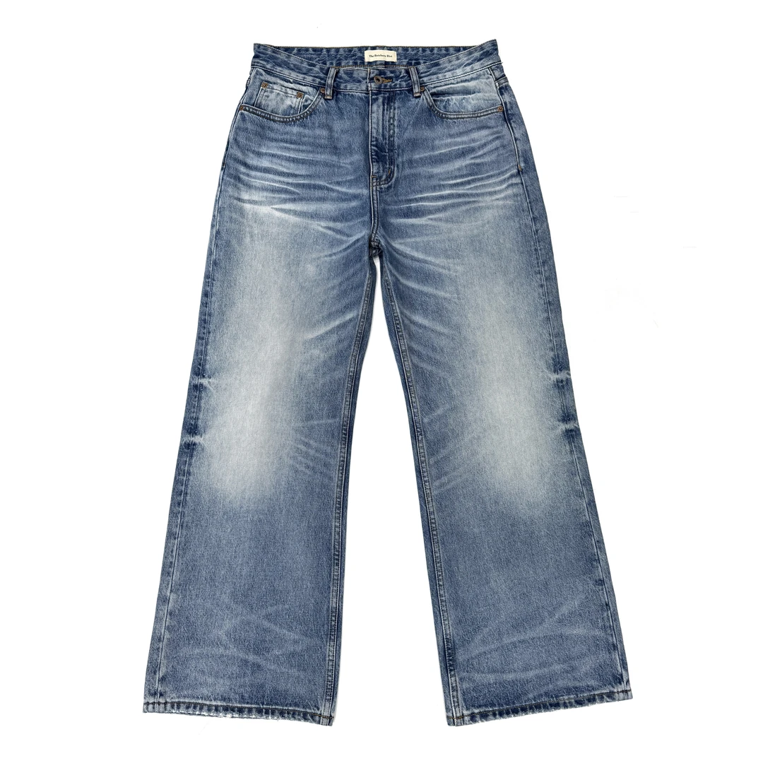 TBR 天空蓝水洗做旧宽松直筒牛仔裤自然猫须蜂窝cleanfit裤子