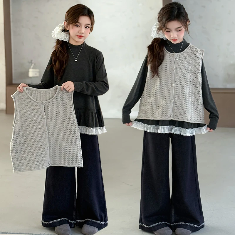 女童长袖针织马甲牛仔裤套装2025秋季新款中大儿童时髦洋气三件套
