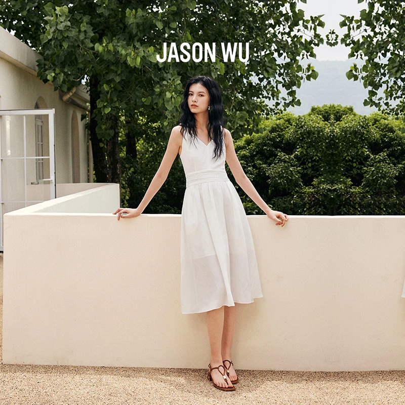 【夏季推荐】JASON WU25年醋酸麻纽结立体褶皱收腰吊带连衣裙