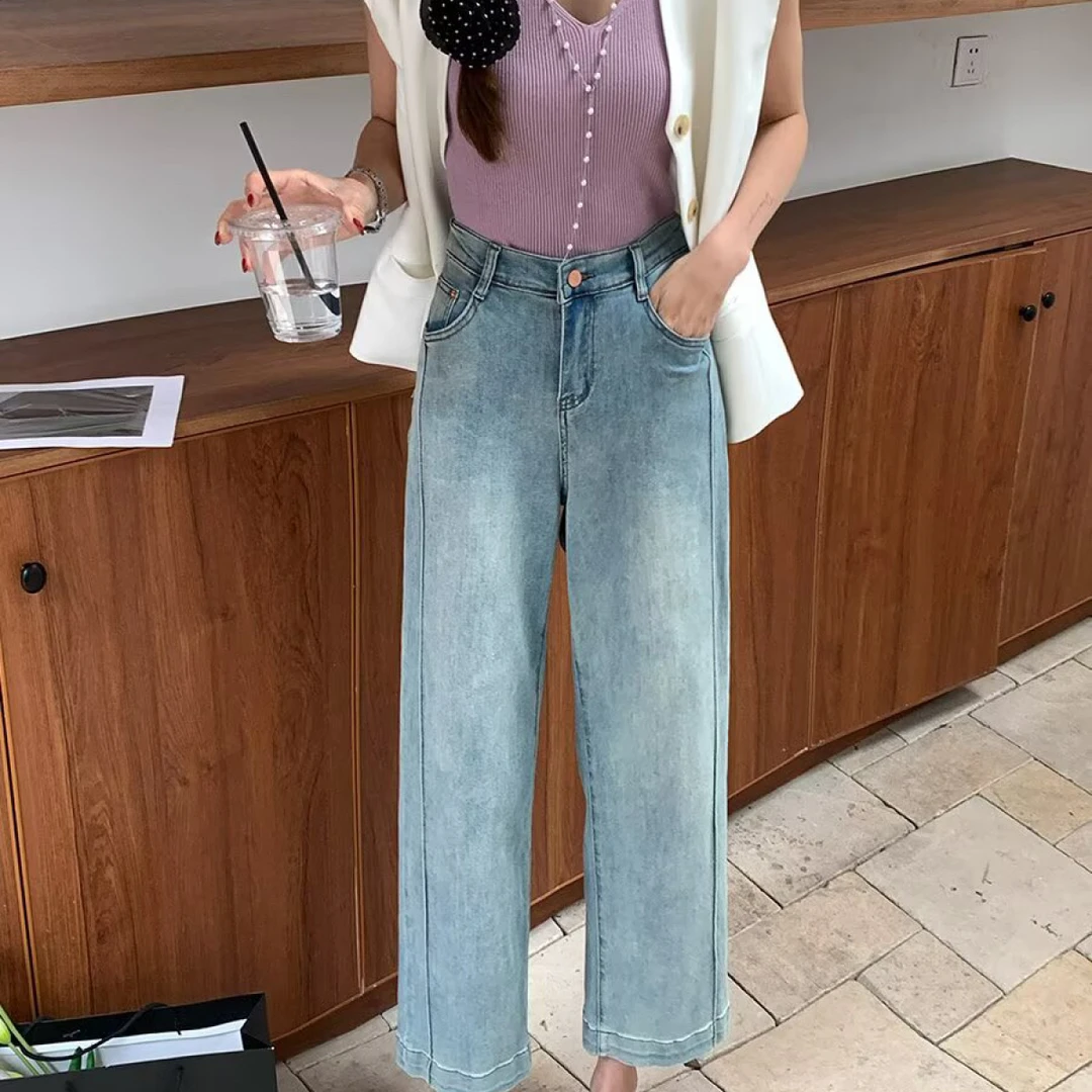 复古牛仔阔腿裤女高腰春季新款大码胖mm宽松显瘦梨形身材直筒裤子