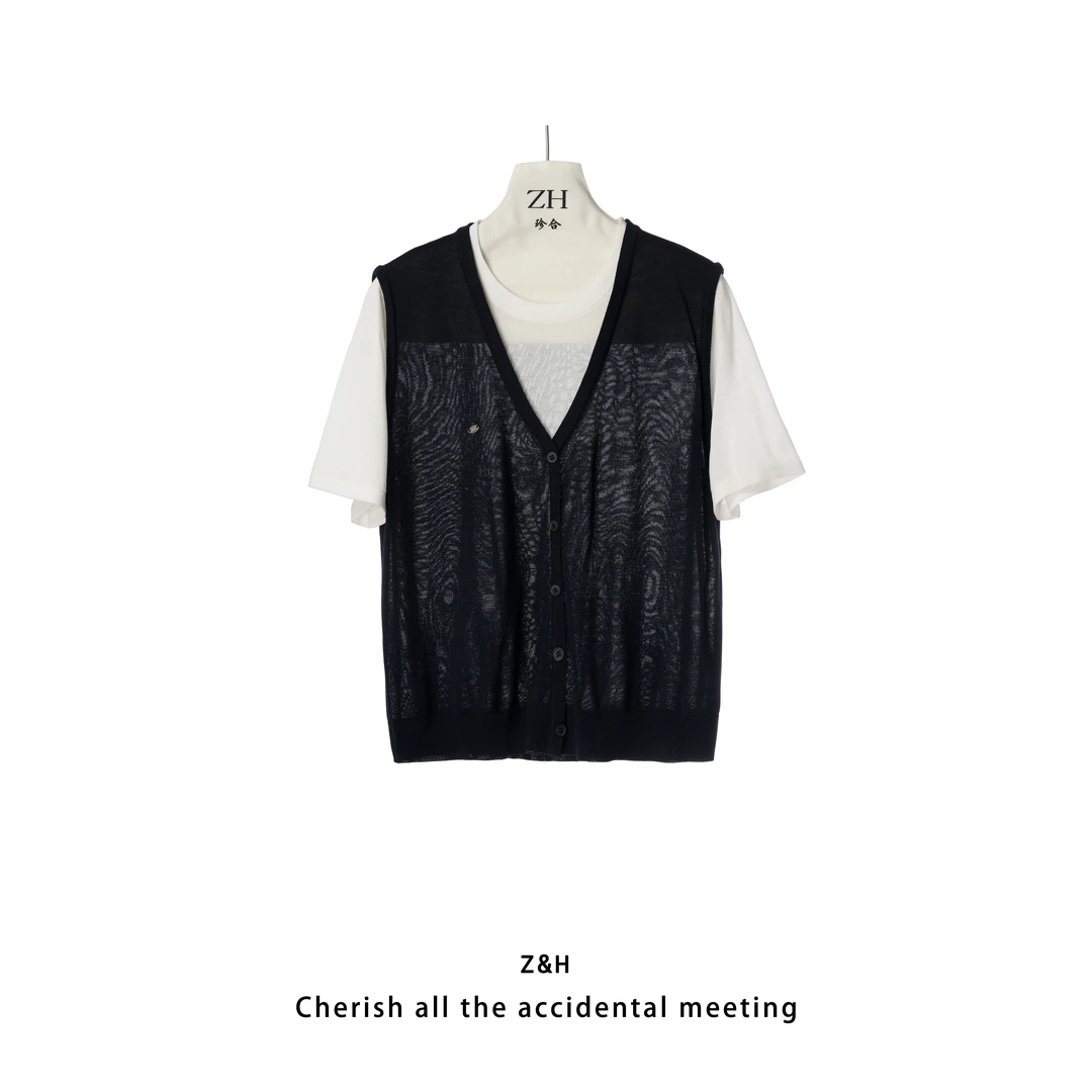 ZH【纸短情长】假两件针织衫短袖上衣简约百搭款拼接女