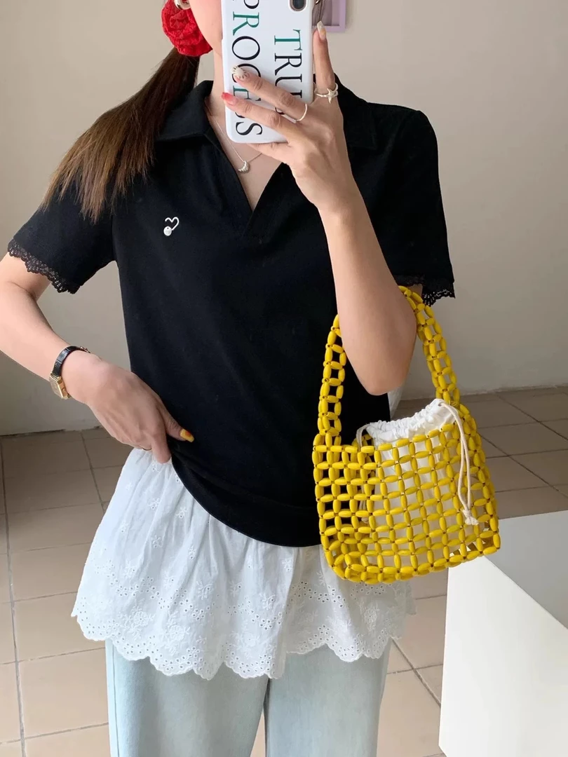 伊歌莉6178夏新款polo小衫设计感短袖T恤上衣