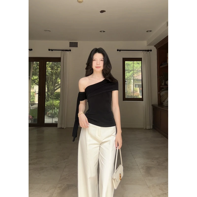 【万老师专属】 醋酸系带斜露肩显瘦上衣简约直筒阔腿裤 G925Y03390