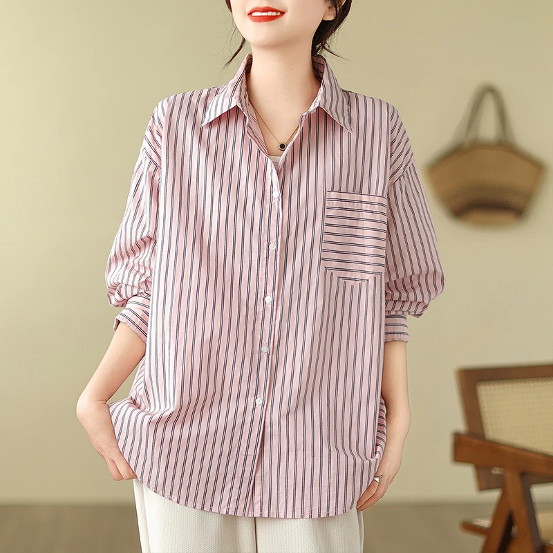 中长款单口袋竖条纹排扣衬衫女2025新款简约宽松休闲百搭长袖衬衣
