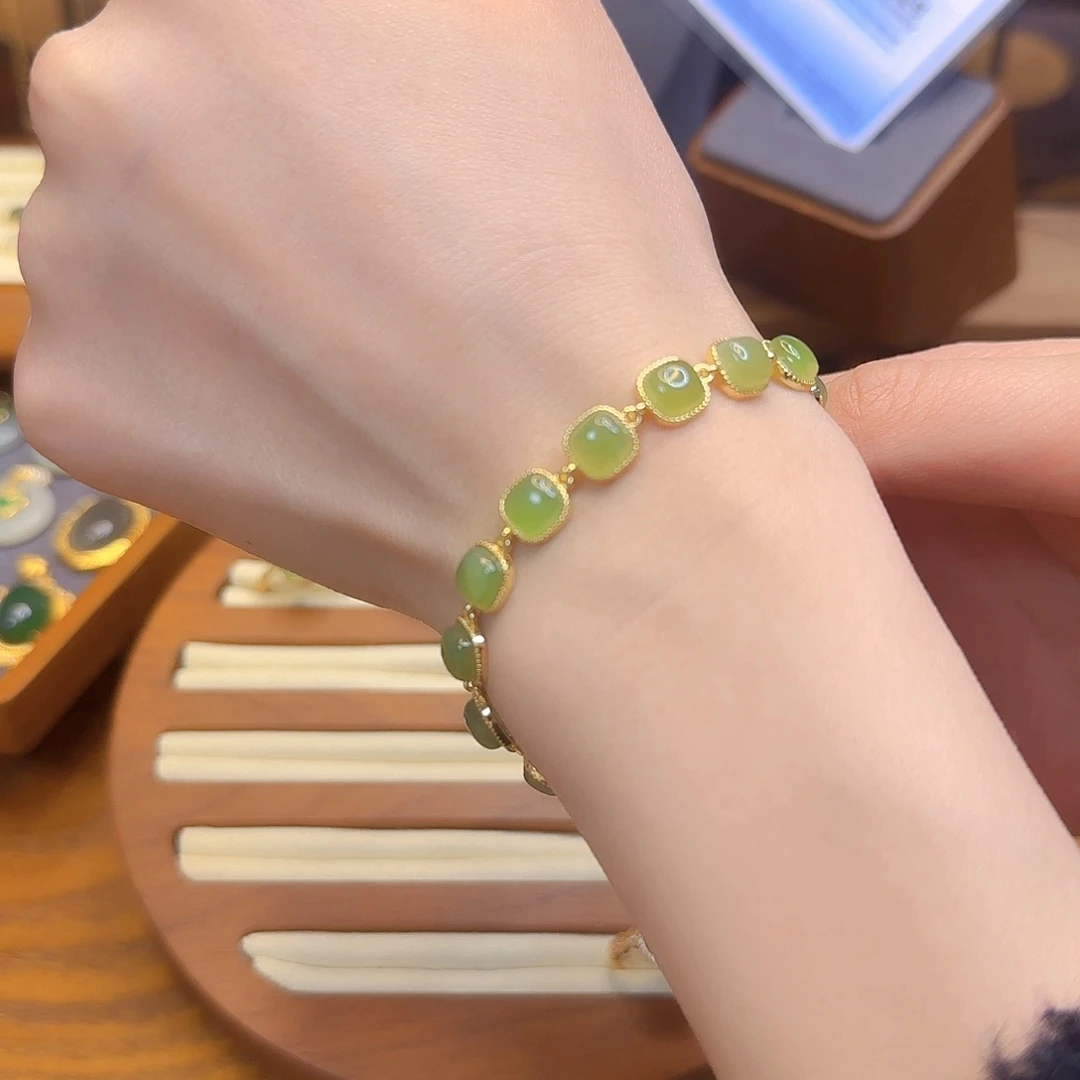 和田玉手链银S925镀金镶嵌