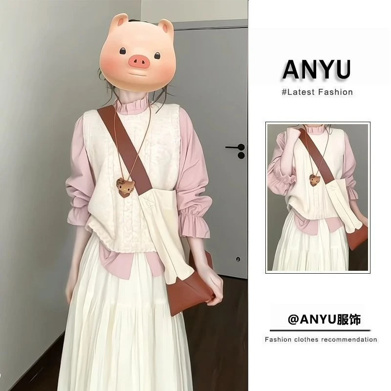 大码女装春季套装女2025新款洋气减龄马甲衬衫收腰半身裙三件套潮