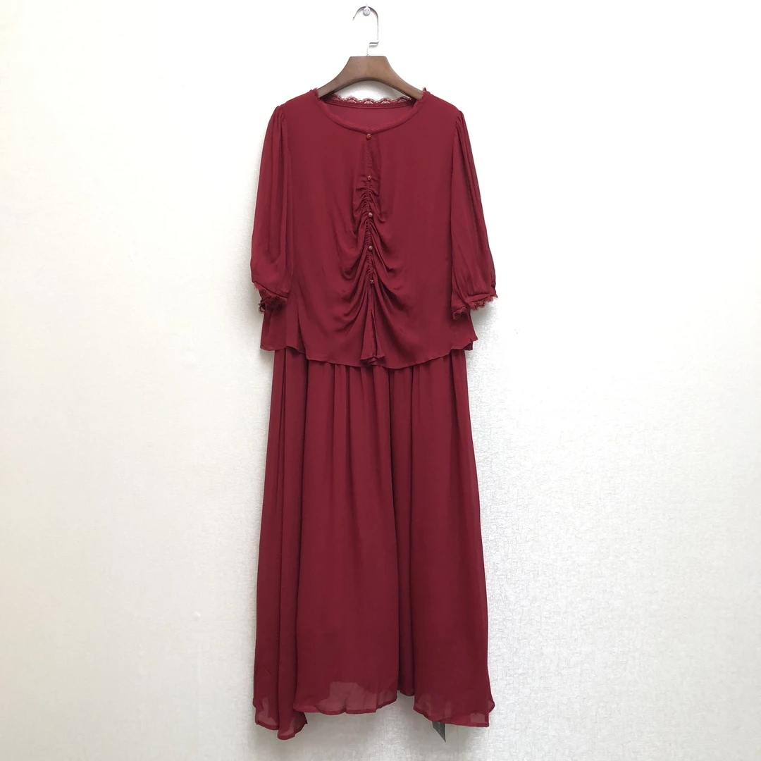 【A229】时尚新款民族风迪拜土耳其波尔多红长款连衣裙简约夏季