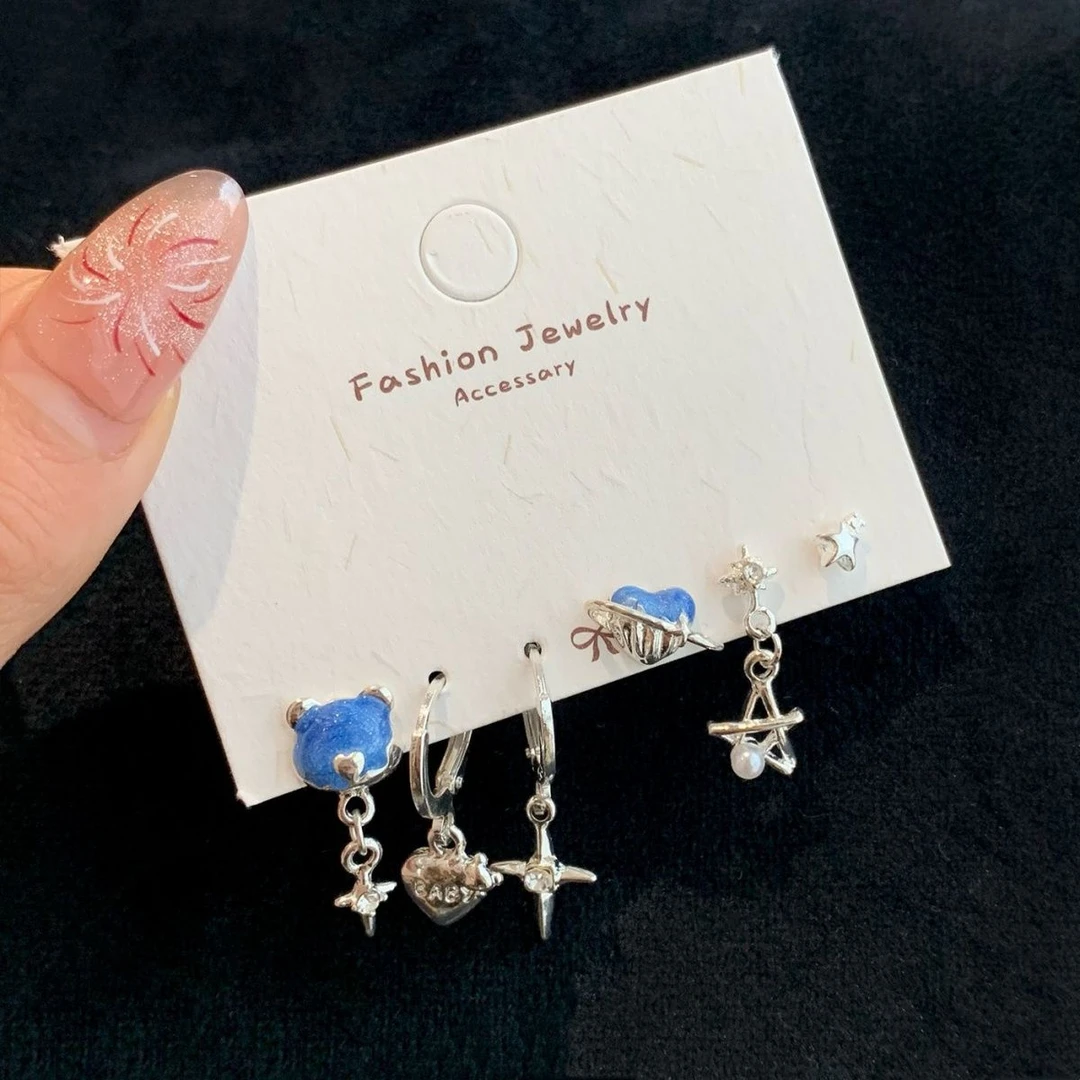 合金合成锆石耳饰 A063《星空小熊》甜酷链条耳扣套装星球锆石