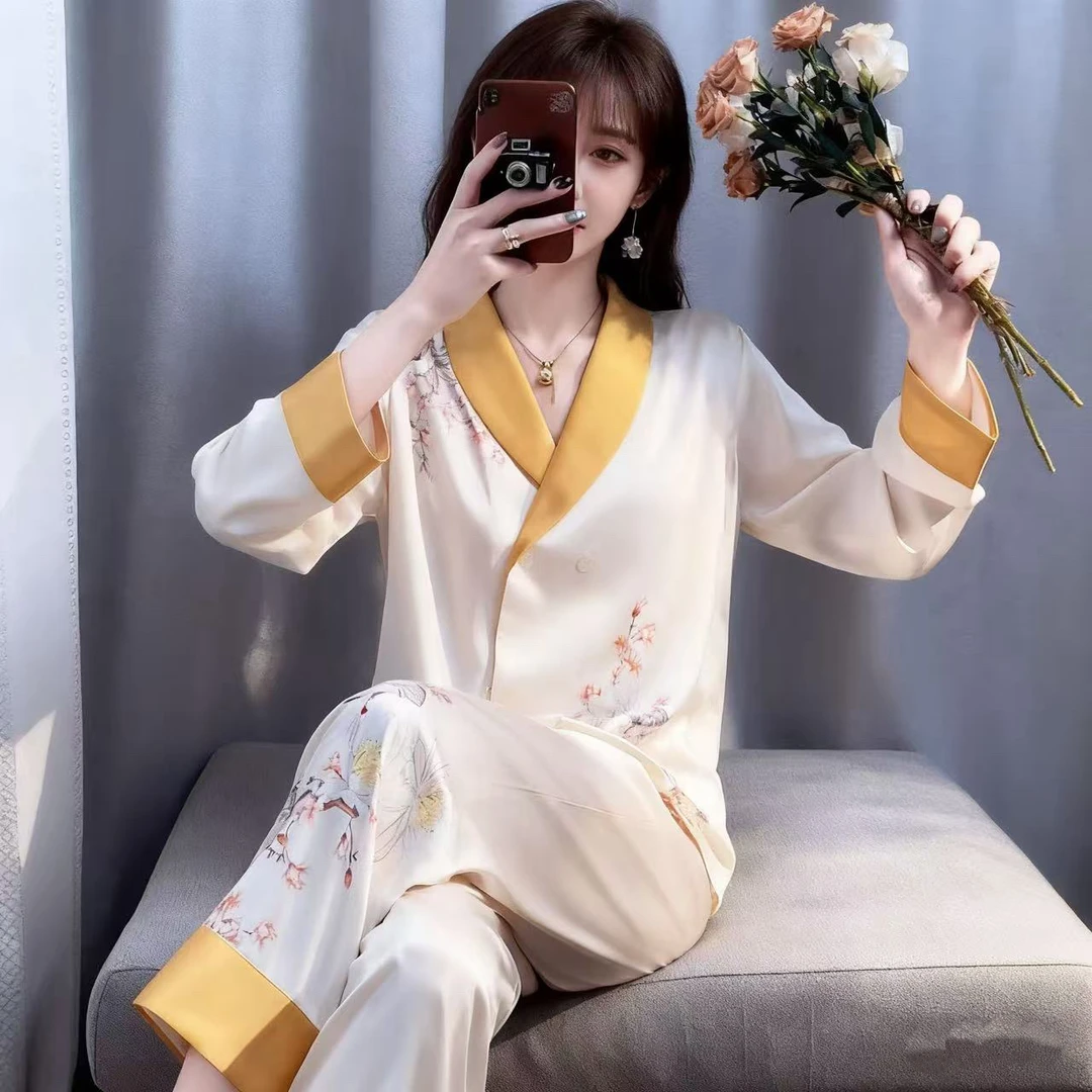 GIOIO 水光绸青果领长袖女长裤睡衣家居服套装女士春夏家居服长款